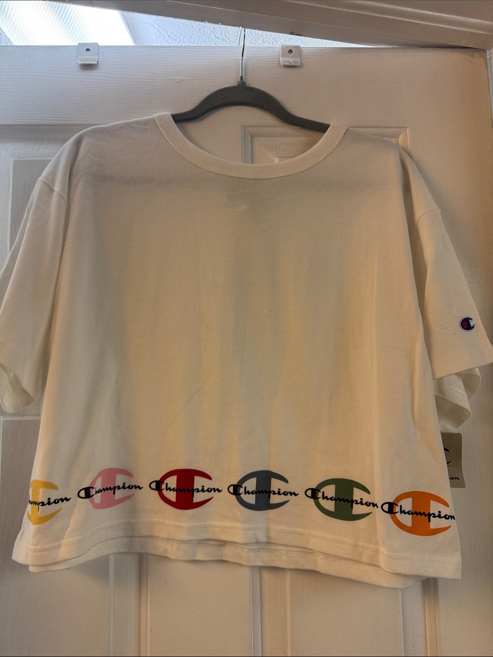 Champion White Cropped Tee with Rainbow C Logos